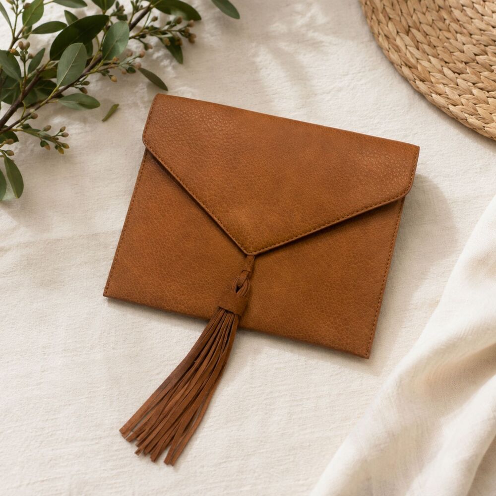 Street Level Camel Envelope Clutch Tassel Cow Leather Trim Magnetic Closure